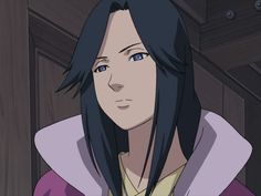 an anime character with long black hair and blue eyes, wearing a purple hoodie