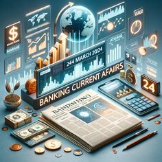 a bunch of different items that are in front of a screen with the words banking current affairs