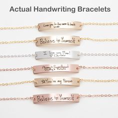 Custom Handwriting Bracelet-Actual Handwriting Bar-Memorial Signature-Kids Handwritten Note-Personalized Both Sides-Gold-Rose-Silver-CG380B You can personalize this gorgeous original bar bracelet with an 'ACTUAL HANDWRITING' to make it more meaningful You can personalize front and back! If you wish to cherish someone's handwriting, this is a perfect idea! The bar measures about 38 mm X 6 mm. It is polished and tumbled for a special shimmery finish. ♥ Ordering guideline: 1. Please choose material Customizable Silver Bracelets With Meaningful Style, Inspirational Silver Bracelet For Personalized Gift, Signature Engraved Name Bracelet As Gift, Signature Engraved Name Bracelet For Gift, Silver Engraved Name Bracelet, Customizable Silver Name Bracelet For Friendship, Silver Hand Stamped Name Bracelet As Gift, Silver Nameplate Bracelet For Mother's Day, Silver Nameplate Bracelets For Mother's Day