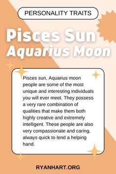 the zodiac sign for pisces sun and aquarius moon is shown on an orange background