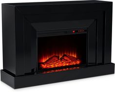 an electric fireplace with red flames and black frame