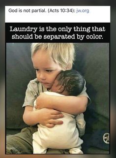 a little boy hugging his older brother on the cheek and saying laundry is the only thing that should be separated by color