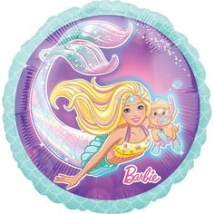 a foil balloon with a mermaid holding a baby doll in it's arms and the word barbie above her head