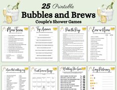 the 25 printable bubbles and brews shower game is shown with drinks in glasses