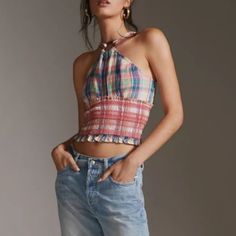 Anthropologie Pilcro Reversible Plaid Halter Top, Nwt. Length 14”. Roomy In The Bust. Can Be Worn With Ring In Front Or Back Casual Multicolor Cropped Halter Top, Casual Multicolor Cotton Halter Top, Casual Multicolor Halter Top, Casual Multicolor Halter Top For Day Out, 70s Halter Top, 70s Halter, Halter Neck Top, Anthropologie Top, Sewing Ideas