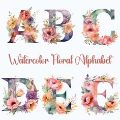 watercolor floral alphabet with flowers and leaves