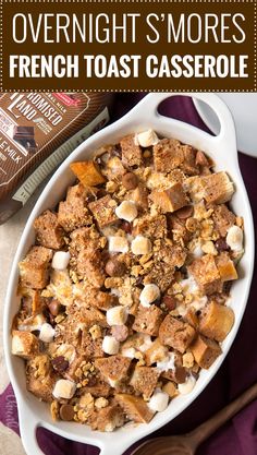 overnight s'mores french toast casserole with marshmallows and chocolate