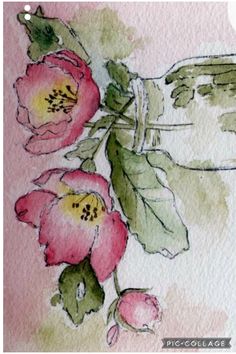 a watercolor painting of pink flowers with green leaves