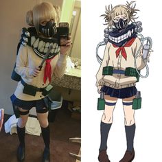 an anime cosplay is taking a selfie with her cell phone and holding up a camera