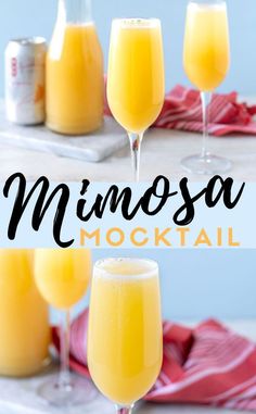 three glasses of mimosa cocktail sitting on a table with the title overlay