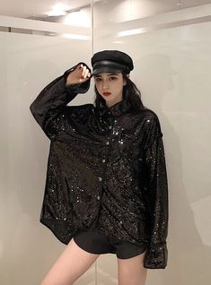 Black Sequined Shirt | DK - Seventeen White Seventeen Cheers Outfit, Seventeen Spell Outfit, Festive Black Sequined Kurta, Elegant Black Sequined Kurta, Seventeen Synchronization, Kpop Shirts, Sequin Shirt, Polo Collar, Party Night