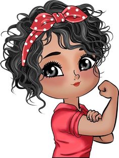 a girl with black hair and a red bow on her head is flexing her muscles