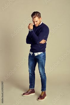 Stock Image: Handsome Charming Fashionable Young Adult Man with Blue Chic Elegant Autumn - Winter Outfits Men’s Teacher Wardrobe, 40 Yr Old Mens Fashion, Men’s Fashion Over 40, Men’s French Fashion, Men Chic Outfit, Men’s Fall Fashion 2024, Preppy Mens Outfits, Fashion Outline, Classic Mens Fashion