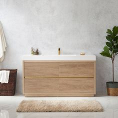 a bathroom with a sink, rug and potted plant on the floor next to it