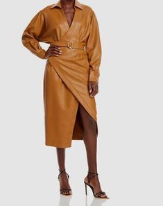 Great Shopping $475 Nicholas Women's Brown Gayle Faux Leather Belted Wrap Front Dress Jacket 0, Women's Clothing Wrap Front Dress, Long Sleeve Cocktail Dress, Silk Wrap Dresses, Silk Shift Dress, Pink Bodycon Dresses, Corset Mini Dress, Faux Leather Belts, Dress Jacket, Striped Mini Dress