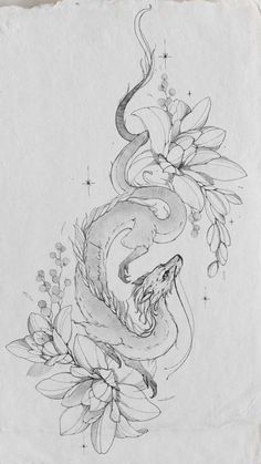 a drawing of a snake with flowers on it's back and the tail curled up