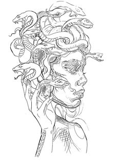 a drawing of a woman with snakes on her head and hands in her hair,