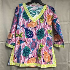 Gretchen Scott Tunic Fishy School Is The Name Of The Top Generous Fit Top Lightweight Tunic Playful Long Sleeve Tops For Vacation, Fun Pink Floral Print Tops, Fun Pink Tops For Vacation, Fun Pink Tops For Beach Season, Fun Pink Top For Beach Season, Playful Pink Tops For Beach Season, Playful Pink Tops For Vacation, Kimono Style Jacket, Cotton Tunic Tops