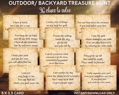 an outdoor / backyard treasure hunt clues to solve 5 x 5 card game info sheet