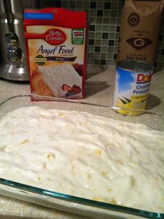 the ingredients to make an angel food cake are in a glass pan on the counter