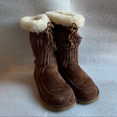 Pre Owned Ugg 7 Tall Suburb Crocheted Suede Sheepskin Boots Dark Brown Size 8 In Excellent Condition With No Signs Of Any Flaws Or Damage. The Interior Of The Boots Are Well Kept. Will Keep You Warm This Winter Ugg Australia Suburb Crochet Tall Boots In Mocha Style # 5124 Size 8 Sole Material Ethylene Vinyl Acetate Shaft Height Mid-Calf Outer Material Leather Suede Inner Material Plush Sheepskin Shearling Linings Offer Thermal-Regulating Warmth And Light Cushioning Cream Shearling Winter Boots, Cream Shearling Boots For Winter, Cozy Leather Boots For Fall, Winter Uggs, Winter Ugg, Sheepskin Boots, Ugg Australia, Tall Boots, Womens Uggs