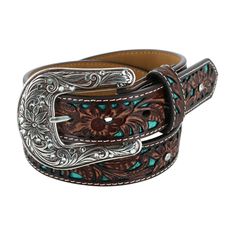 This fun turquoise and brown floral tooled belt is a unique and stylish addition to any girl's wardrobe. The belt features a removable buckle set and eye-catching rhinestone details. Great to pair with your favorite pair of boots, jeans, or denim skirt. Made of Leather Country Belts, Tooled Belt, The Last Ride, Cowgirl Belts, Cowgirl Accessories, Girls Belts, Boots Jeans, Cute Country Outfits, Last Ride