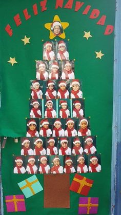 a christmas tree made out of children's pictures