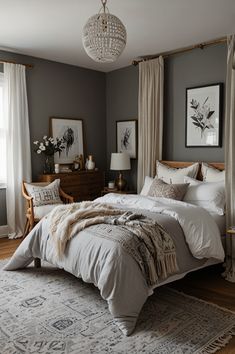 a bedroom with gray walls and white bedding