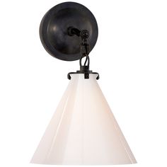 an old - fashioned wall light with a white glass shade on the bottom and black metal arm