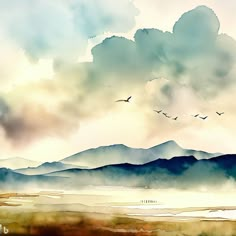 watercolor painting of birds flying in the sky over a lake and mountains with clouds