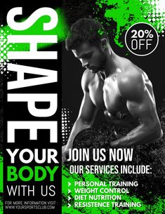 a flyer for a bodybuilding competition with a man on the side and green paint splat