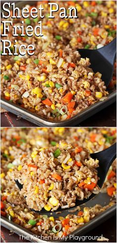 Pan of Sheet Pan Fried Rice and serving it with a spatula Stir Fry Rice With Chicken, Pork Stir Fried Rice, Sheet Pan Fried Rice Damn Delicious, One Pan Stir Fry, Stir Fry Easy Recipe, Asian Rice Stir Fry, Oven Stir Fry Chicken, Oven Baked Fried Rice, Stove Top Fried Rice