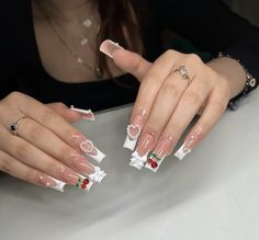 Acrylic Nails With Cherry Charms, Buchi Fresa Nails, Christmas Nails With Charms, Nail Designs Cherry, Cute Nails With Charms, Cherry Nails Acrylic, Cherry Nails