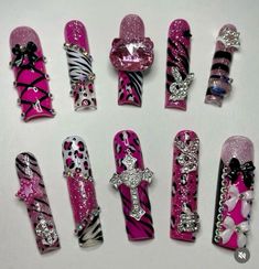 Y2k Junk Nails, Juicy Couture Nails, Emo Nails Acrylic, Monster High Nails, Gyaru Y2k, Zebra Print Nails, Zebra Nails