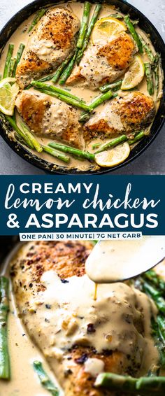 creamy chicken and asparagus with lemon sauce in a cast iron skillet