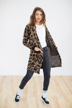 Cardigan LEO. A statement jacket on your closet that will upgrade any look of yours. Wear with a monochrome outfit and we promise it will keep you both warm and stylish. Loving the Leopard prints and side pockets of it. Long pattern to have you looking cool and cozy! For any other question please feel free to ask us! Materials Cotton 50 % Acrylic 50 % Model info bust 85 cm waist 61 cm hip 89 cm height 176 cm Model in photo wears a size S. Care Instructions Wash with similar colours. Do not tumbl Leopard Prints, Statement Jacket, Monochrome Outfit, The Leopard, How To Make Clothes, Playsuit Jumpsuit, T Shirt Dress, Sweater Hoodie, Sweater Outfits