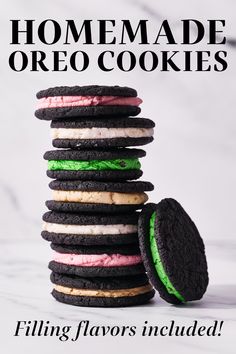 a stack of cookies sitting next to each other with the words homemade oreo cookies