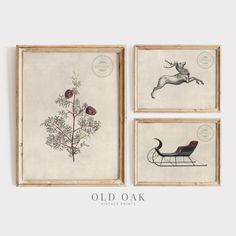 three framed pictures with animals and flowers on them, one is an old oak sleigh