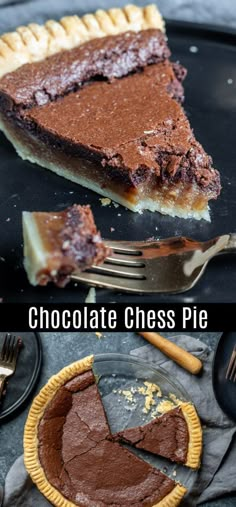 chocolate chess pie on a black plate with a fork and knife next to it, before and after the pie has been cut