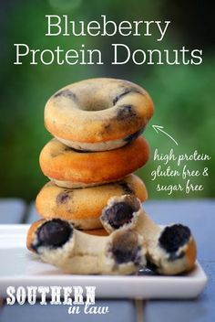 blueberry protein doughnuts stacked on top of each other with the words southern in law