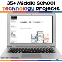 an open laptop computer sitting on top of a white desk with the words, 35 middle school technology projects