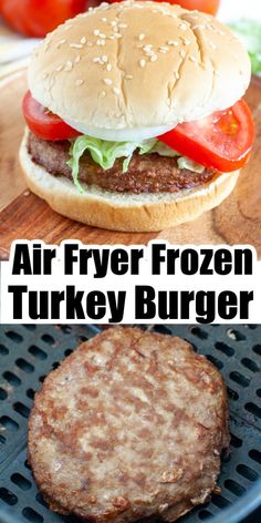 an air fryer frozen turkey burger with lettuce and tomatoes