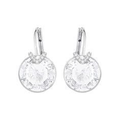 Take your look from day to night with these elegant and chic rhodium-plated earrings by Swarovski. These beautiful earrings showcase round clear crystals accented with a hint of clear crystal pave. Earrings are lever-backs and measure 3/4 inches in diameter. Swarovski Style #: 5292855 Premier Jewelry, Swarovski Earrings, Swarovski Jewelry, Crystal Drop Earrings, Small Earrings, Large Earrings, Silver Drop Earrings, Online Earrings, Pierced Earrings