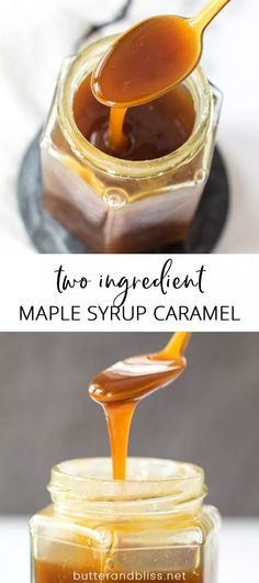 two ingredient maple syrup caramel in a glass jar with a spoon full of liquid