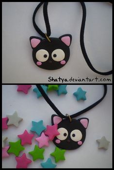 two pictures of black cat necklaces with pink, blue and green stars