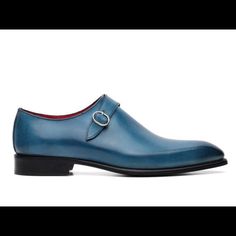 Stunning Blue All Leather Loafer Handmade In Italy Single Monk Strap Soft Italian Leather Good Year Welt Leather Insole Leather Lining Cut From A Single Pierce Of Leather Perfect For Any Special Occasion Allow 5-7 Day Deliver Via Dhl From Our Warehouse In Italy Offered Here At Wholesale Elegant Blue Slip-on Leather Shoes, Blue Leather Work Shoes, Luxury Blue Loafers For Semi-formal Occasions, Blue Leather Sole Loafers For Business Casual, Blue Loafers With Leather Sole For Business Casual, Blue Slip-on Leather Shoes For Business, Luxury Blue Leather Shoes For Business Casual, Blue Slip-on Dress Shoes For Business, Blue Slip-on Dress Shoes For Semi-formal Occasions