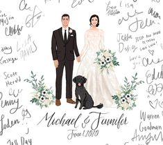 a drawing of a man and woman in wedding attire standing next to a black dog