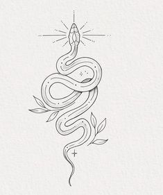 a drawing of a snake with a pencil in it's mouth and leaves on the side