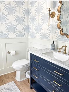 a white toilet sitting next to a blue vanity in a bathroom under a large mirror