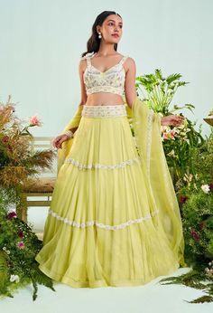 Mani Bhatia-Sophia Sunny Lime Lehenga Set-INDIASPOPUP.COM Blouse Organza, Blouse Yoke, Lehenga Dupatta, Yellow Embroidery, Organza Lehenga, Personal Shopping Service, Satin Color, Embroidery Details, Embroidered Blouse